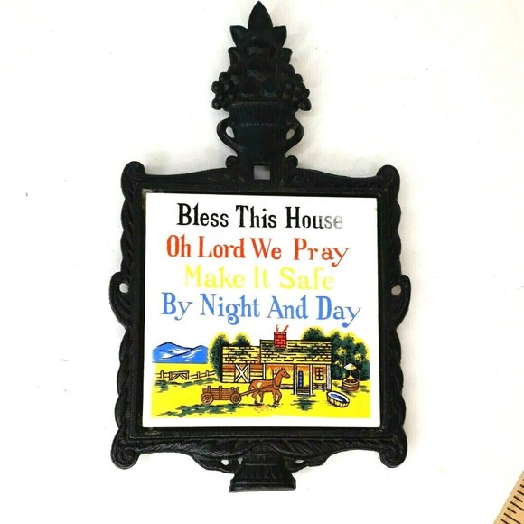 1960s Cast Iron Trivet Ceramic Tile Wall Décor BLESS THIS HOUSE Farmhouse - Picture 1 of 8